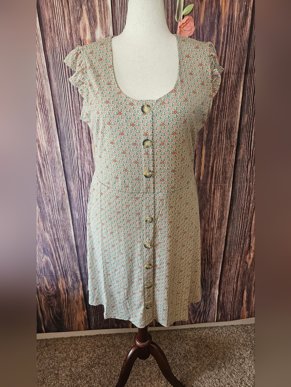 Monteau Sage Green Mini Dress with Coral Floral Print